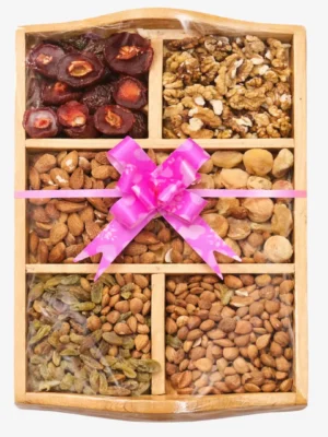Premium Wooden Dry Fruit Gift Box with Tray including Almonds Walnuts Raisins and Apricots