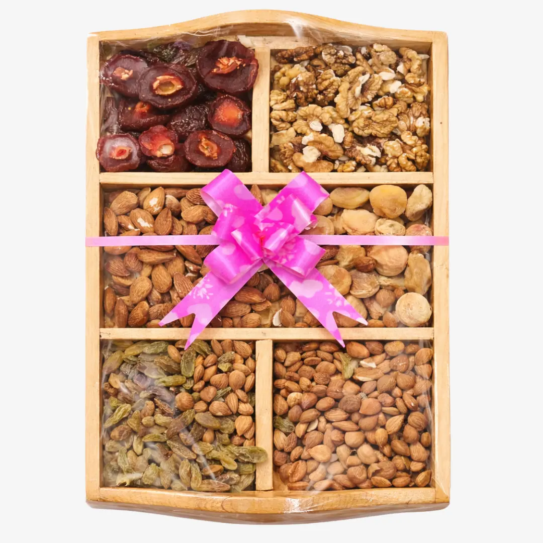 premium-wooden-dry-fruit-gift-box-with-tray Premium Wooden Dry Fruit Gift Box with Tray including Almonds Walnuts Raisins and Apricots