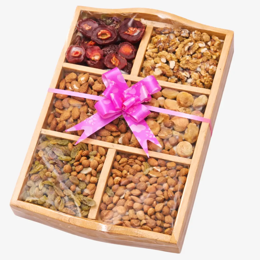 premium-wooden-dry-fruit-gift-box-with-tray Premium Wooden Dry Fruit Gift Box with Tray including Almonds Walnuts Raisins and Apricots