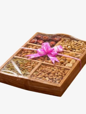 Premium Wooden Dry Fruit Gift Box with Tray including Almonds Walnuts Raisins and Apricots