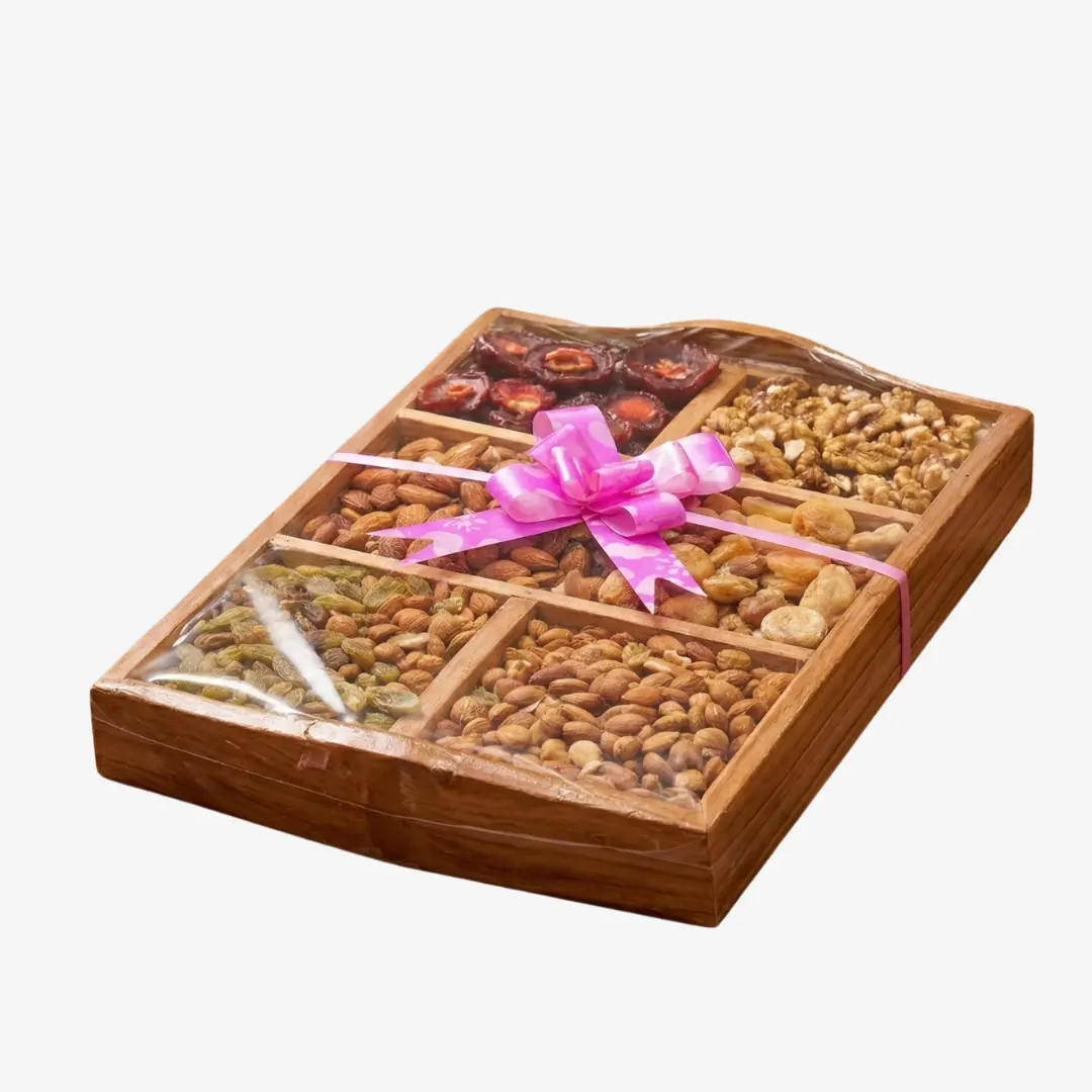 premium-wooden-dry-fruit-gift-box-with-tray Premium Wooden Dry Fruit Gift Box with Tray including Almonds Walnuts Raisins and Apricots