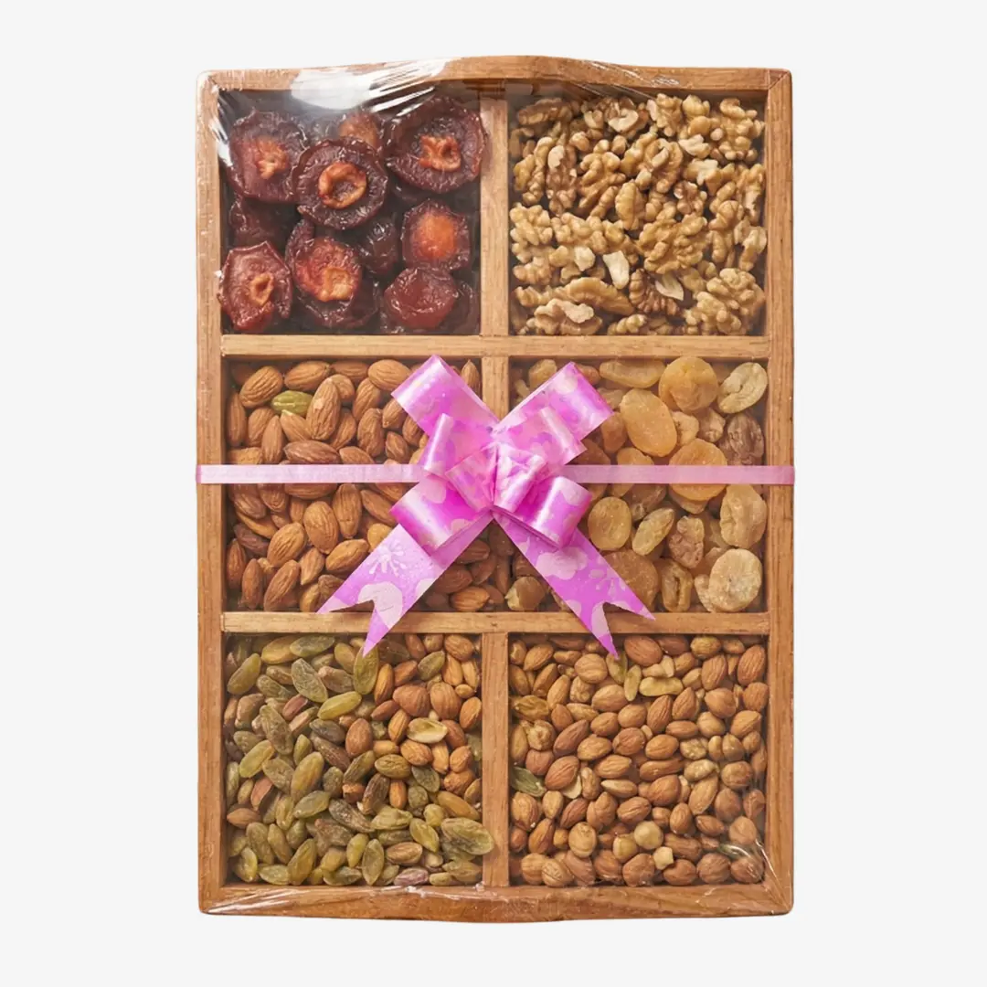 premium-wooden-dry-fruit-gift-box-with-tray Premium Wooden Dry Fruit Gift Box with Tray including Almonds Walnuts Raisins and Apricots
